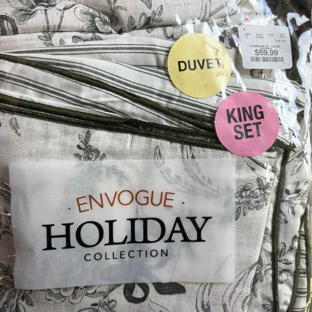 NWT EnVogue Duvet Set Holiday Floral Toile Bows Reversible King Green Cottage